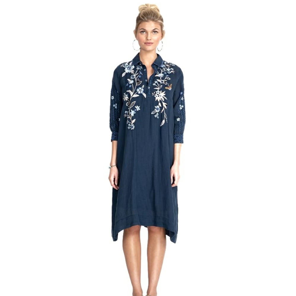 NWT Johnny Was navy floral embroider shirt dress